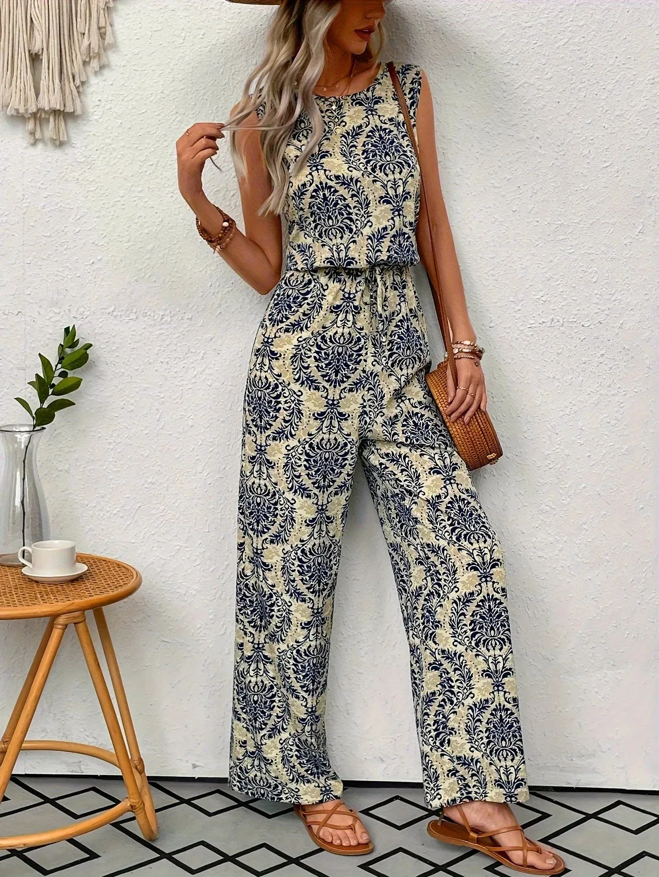 Women's Sleeveless All Over Printed Elastic Waist Jumpsuit