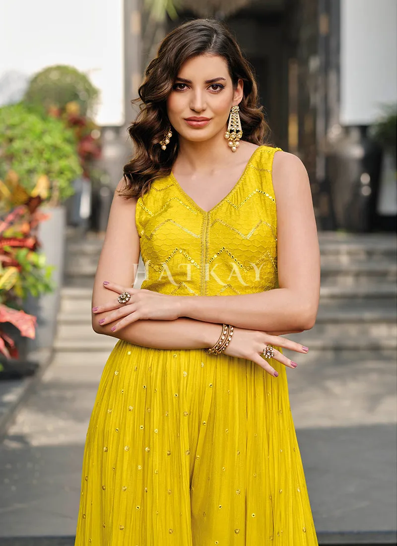 Yellow Traditional Embroidered Flared Jumpsuit