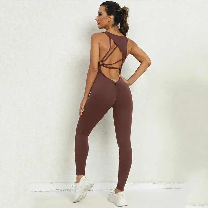 Yoga 
Jumpsuit V-shaped Back Design
 Sleeveless Fitness Running Sportswear Stretch Tights Pants For Womens Clothing