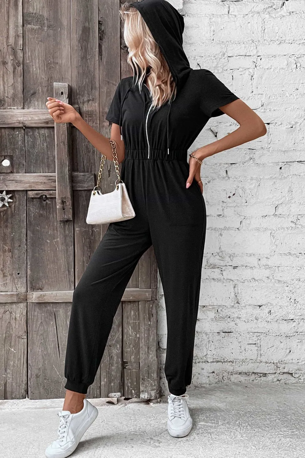 Zip-Up Short Sleeve Hooded Black Travel Jumpsuit with Pockets